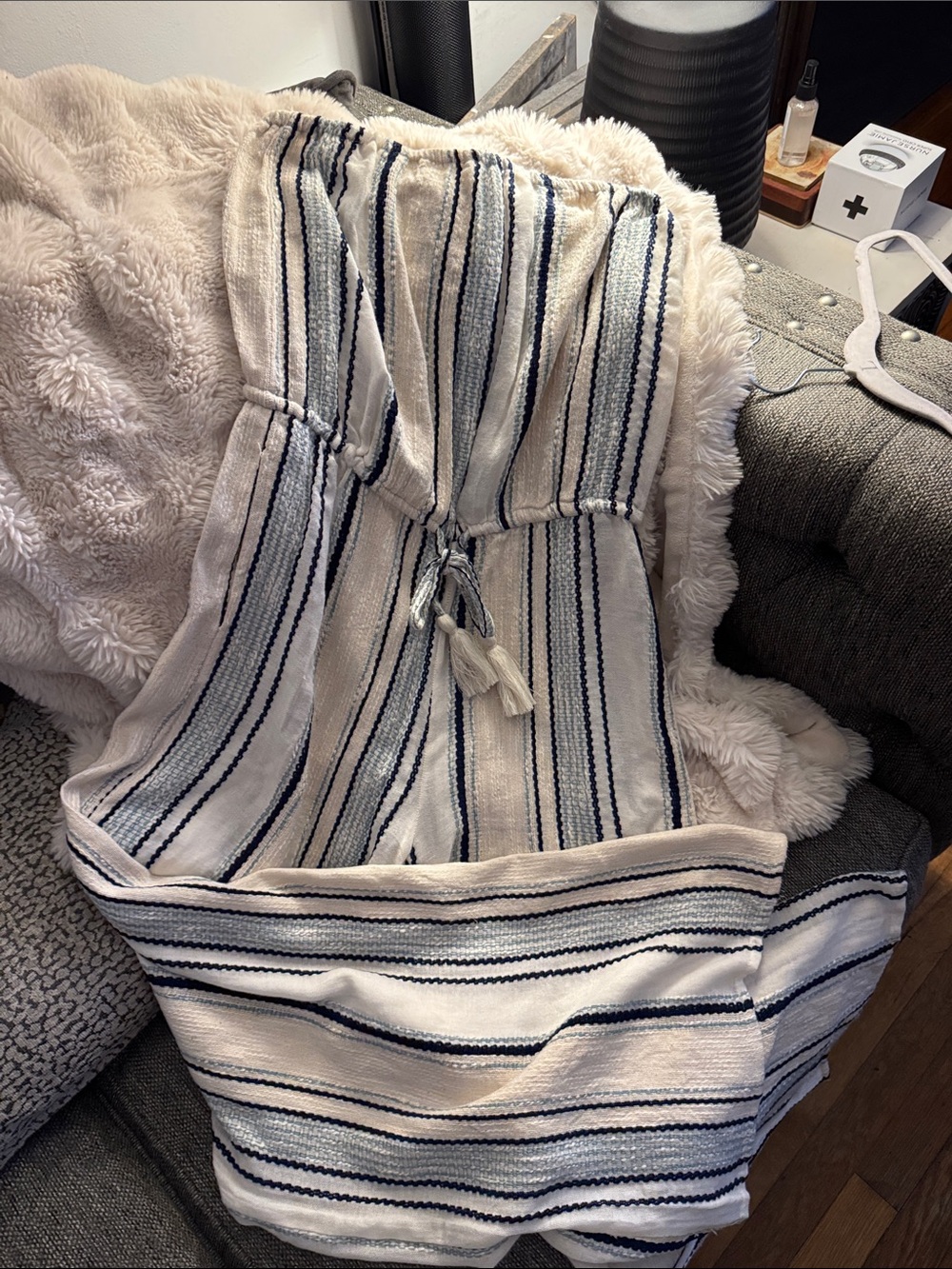Elan Cream Striped Drawstring Jumpsuit with Navy Accents
